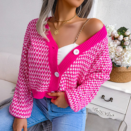 Autumn Winter European And American-style Color-block Plaid Cardigan Sweater With Puff Sleeves – Premium 0 | RICALOUX