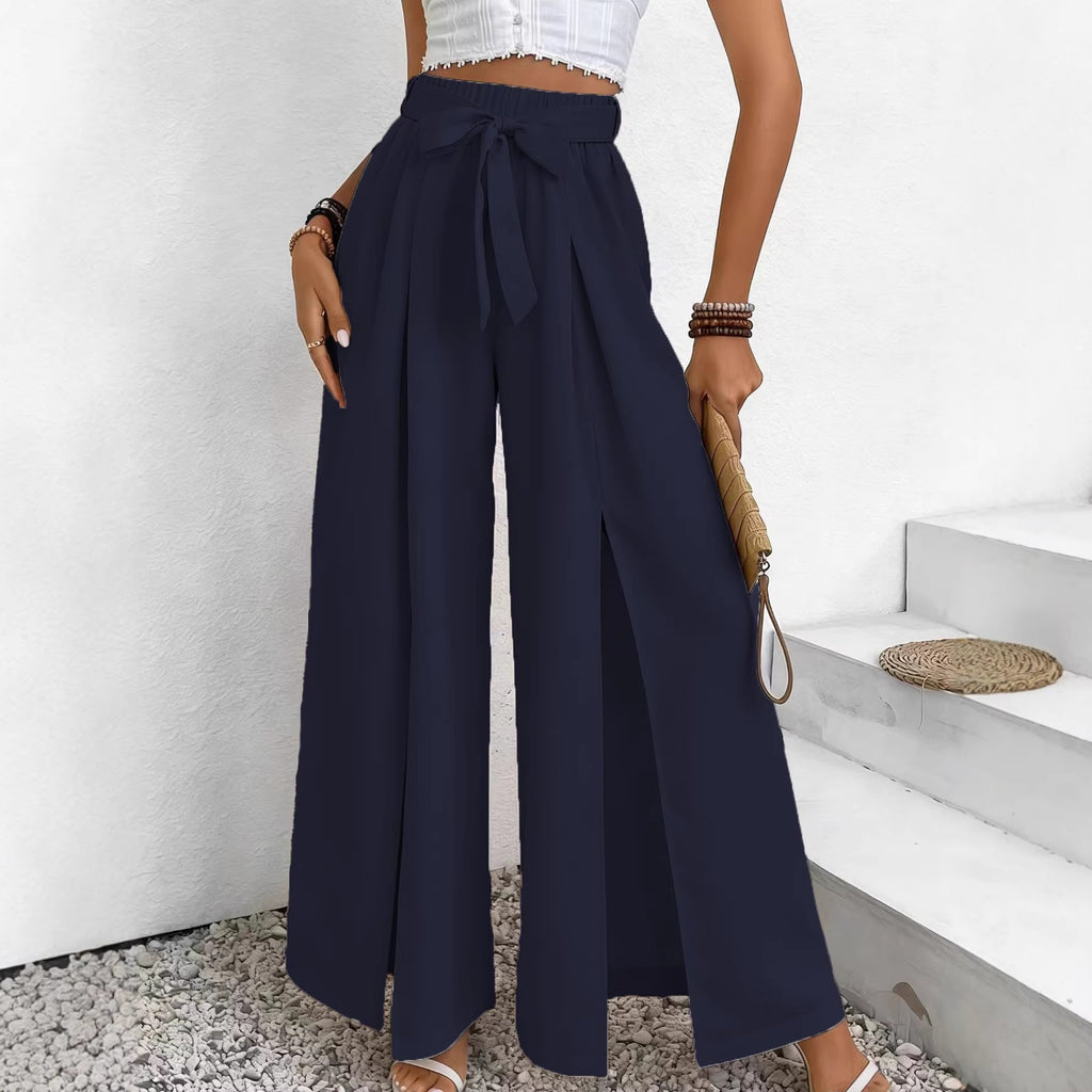 Summer New Solid-Color Casual Lace-Up Loose Womens High-Waisted Wide-Leg Long Pants by Ricaloux