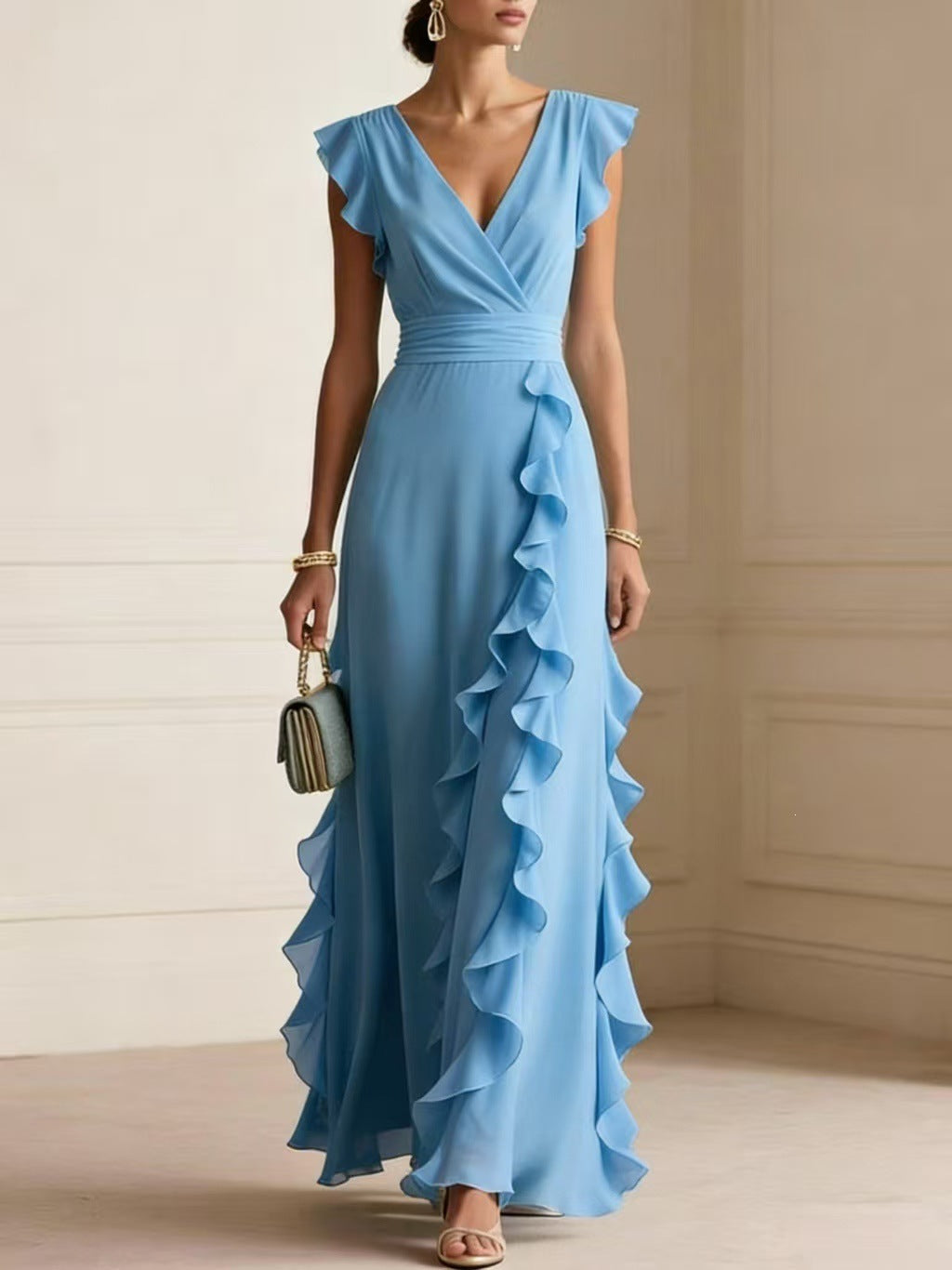 Women's Elegant Solid Color Ruffle Sleeveless Sexy V-Neck Long Dress Fashionable Bohemian Women's Party Evening Maxi Dresses by Ricaloux