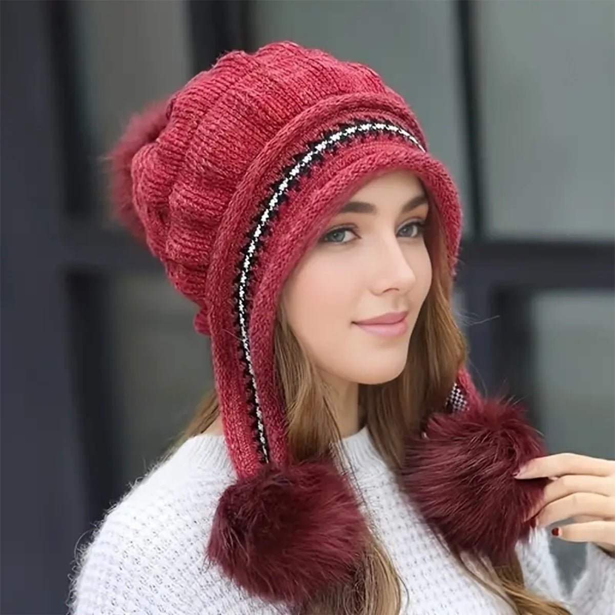 Cozy Knit Fleece-Feel Beanie With Ear Flaps & Pompom Warm Winter Hat For Women Perfect For Skiing & Outdoor Activities - RICALOUX