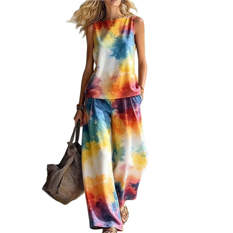 New-style Rainbow Tie-dye Sleeveless Crew-neck Top And Wide-leg Pants Womens Casual Two-piece Set – Premium 0 | RICALOUX