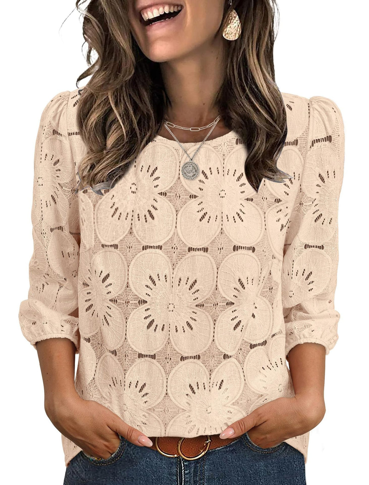 Womens Solid-color Casual Hollow-out Lace Three-quarter-sleeve Crew-neck Top – Premium 0 | RICALOUX
