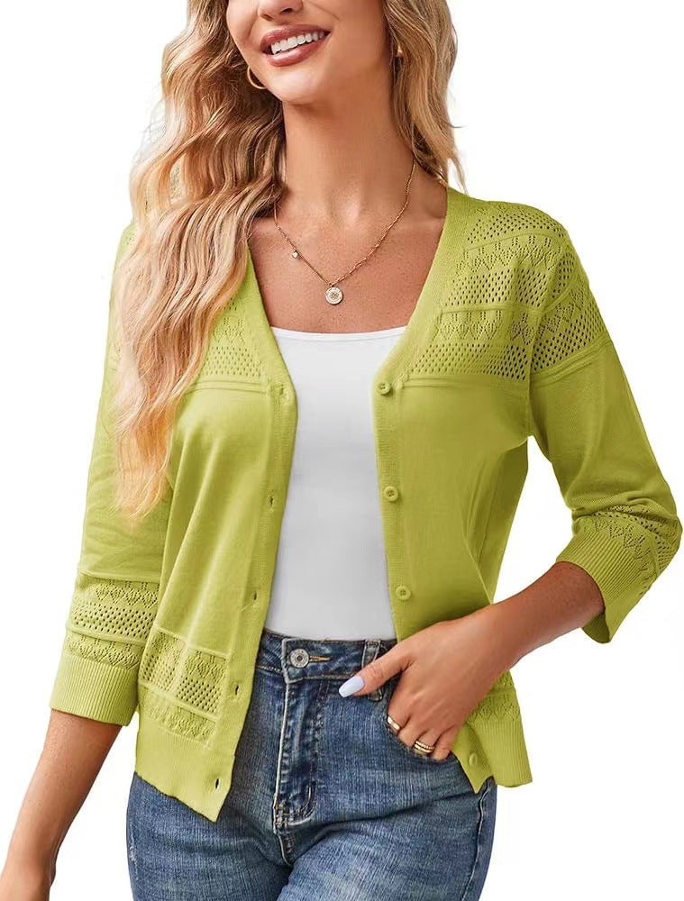V-neck Cropped Outerwear Hollow-out Knit Cardigan by Ricaloux