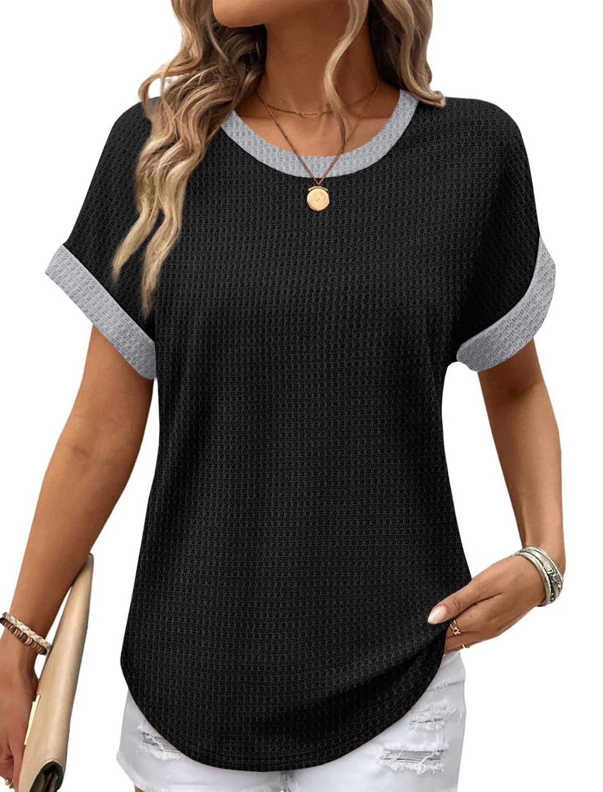 Ruffled-edged Short-sleeve Waffle-knit Crew-neck Top With A Curved Hem by Ricaloux