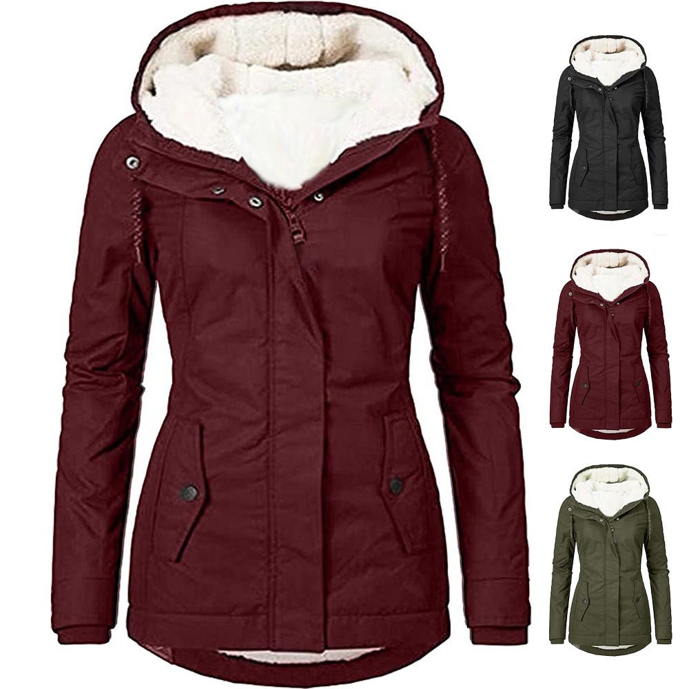 Solid Color Pocket Long-sleeve Zipper Fleece Padded Coat Women - RICALOUX