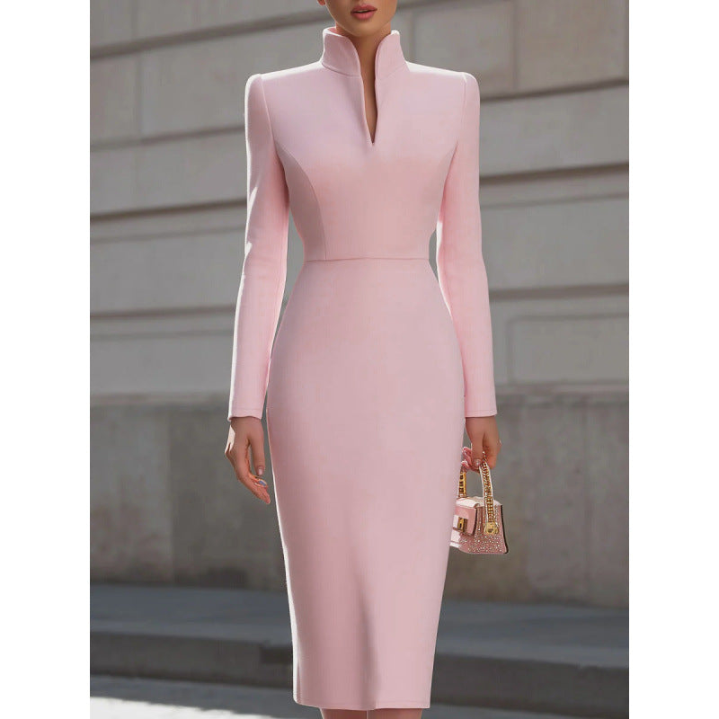 Elegant Solid Color Stand Collar Long Sleeve Dress – Premium 0 | RICALOUX