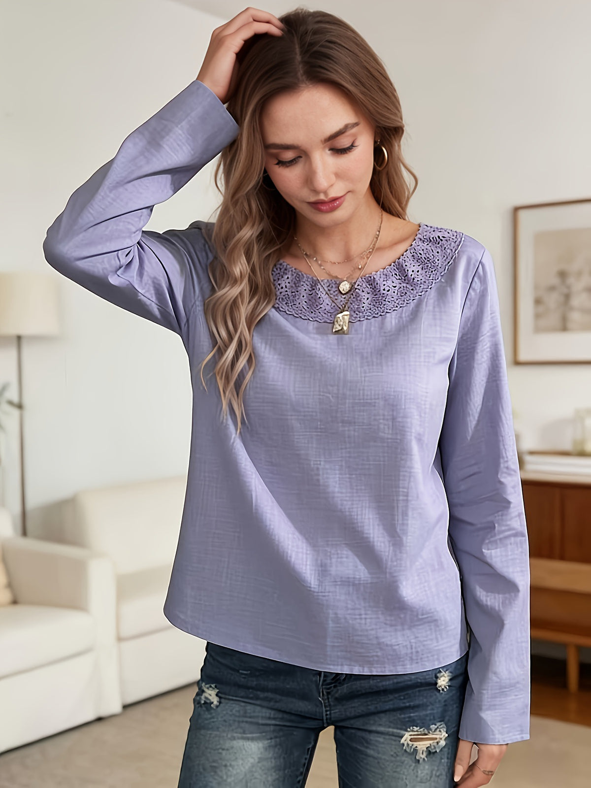 European And American-style Lavender Vintage Lace-trimmed Casual Crew-neck Long-sleeve Top by Ricaloux