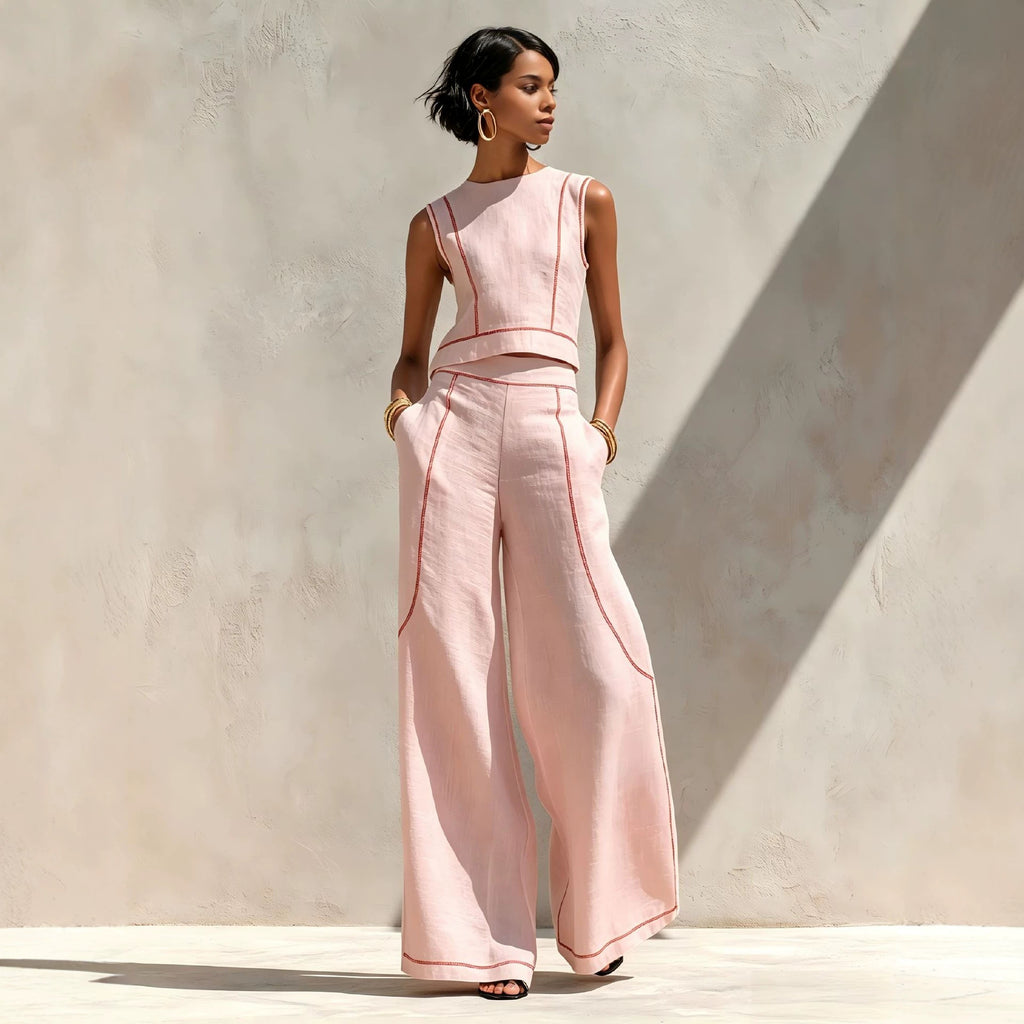 Sleeveless Color-Block Wide-Leg Pants Set Womens Summer Casual Chic Two-Piece Outfit by Ricaloux
