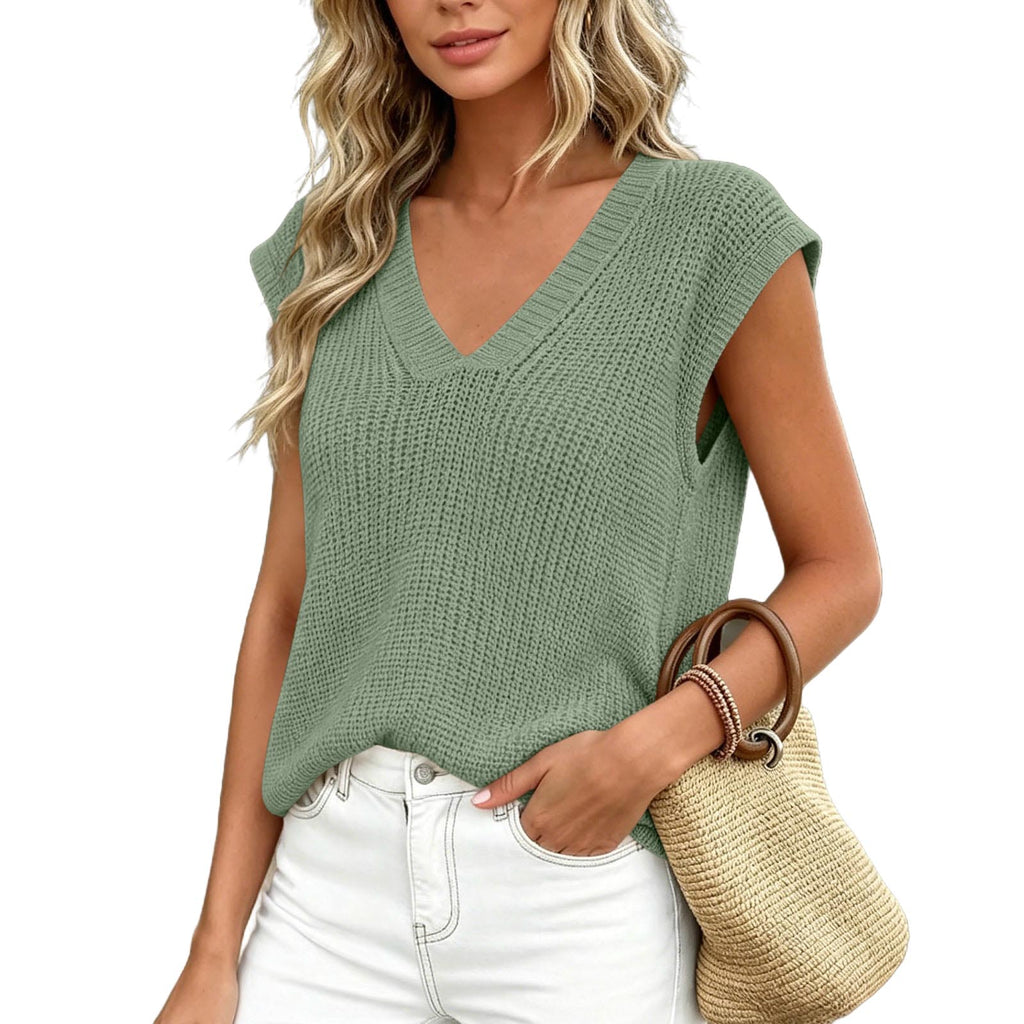 Summer Thin Knit Vest Loose Sleeveless Camisole Top V-neck Sweater Top by Ricaloux