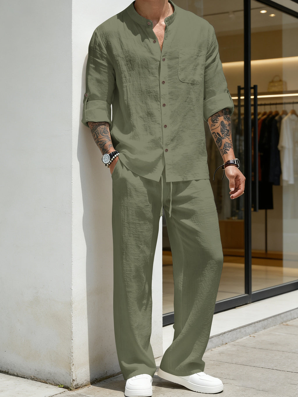 Mens Solid-Color Linen Long-Sleeve Shirt And Pants Two-Piece Set by Ricaloux
