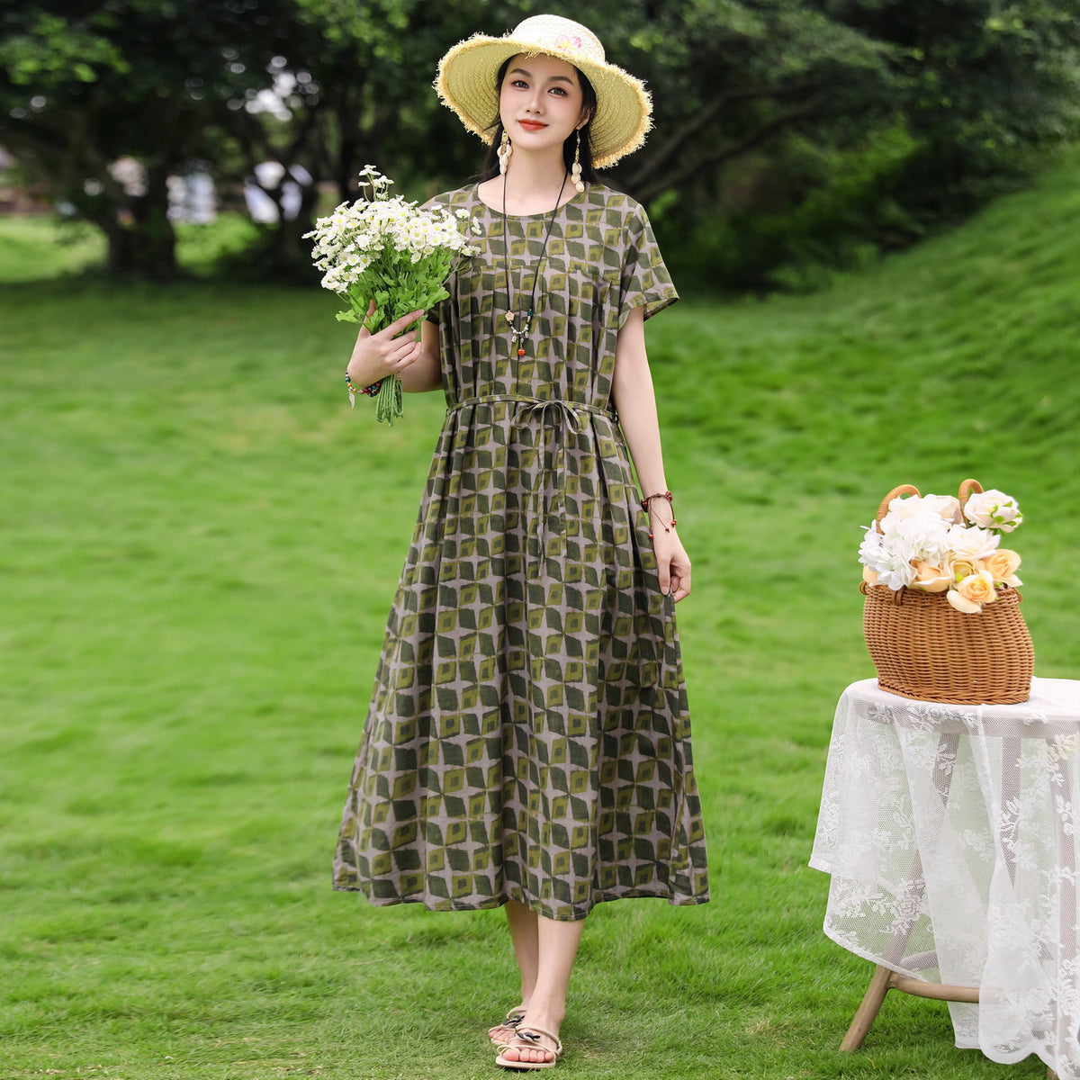 New Elegant Cotton Silk Dress For Middle Aged And Senior Women by Ricaloux