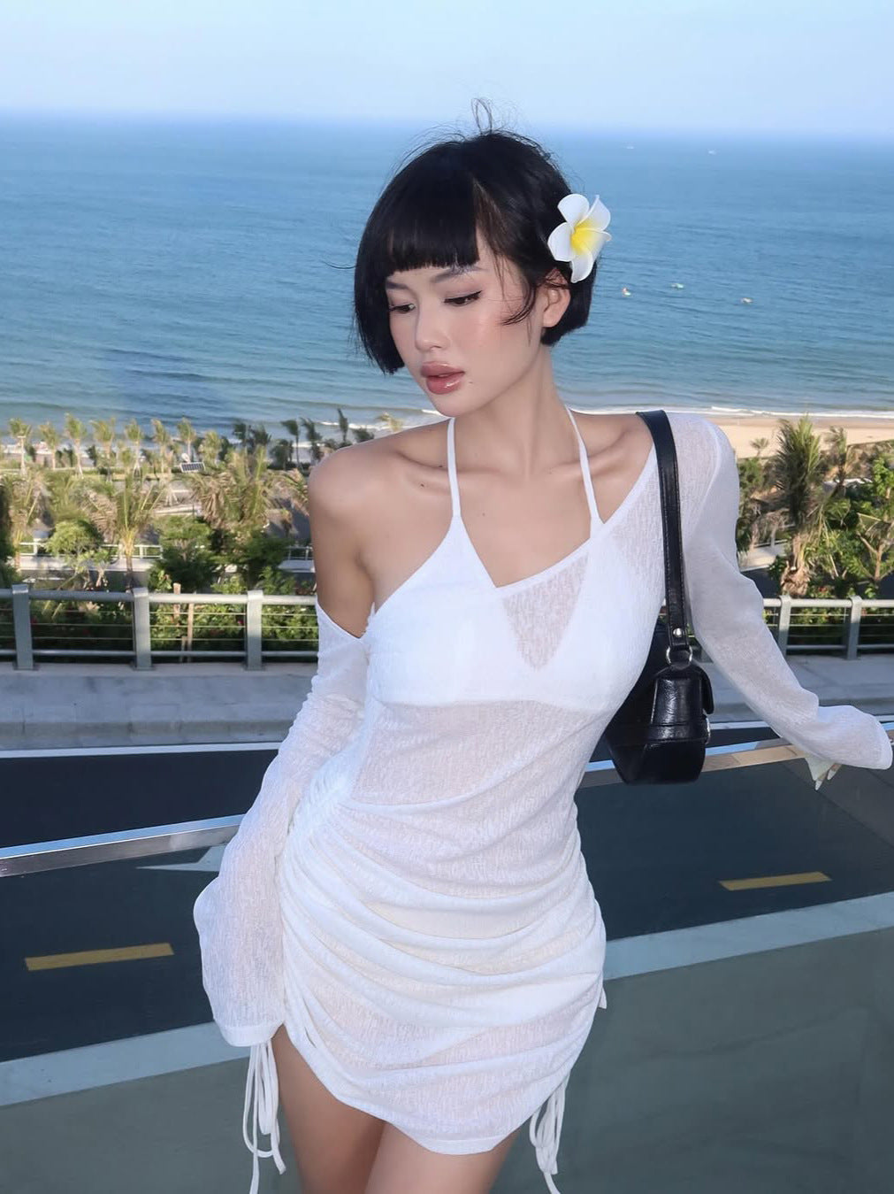 SpringSummer Solid-color Fashionable Hollow-out Sheer Off-shoulder Beach Bodycon Dress by Ricaloux
