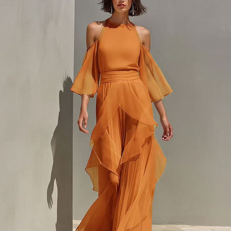 Womens Chiffon Blouse And Flare-sleeve Straight-leg Pants Set by Ricaloux