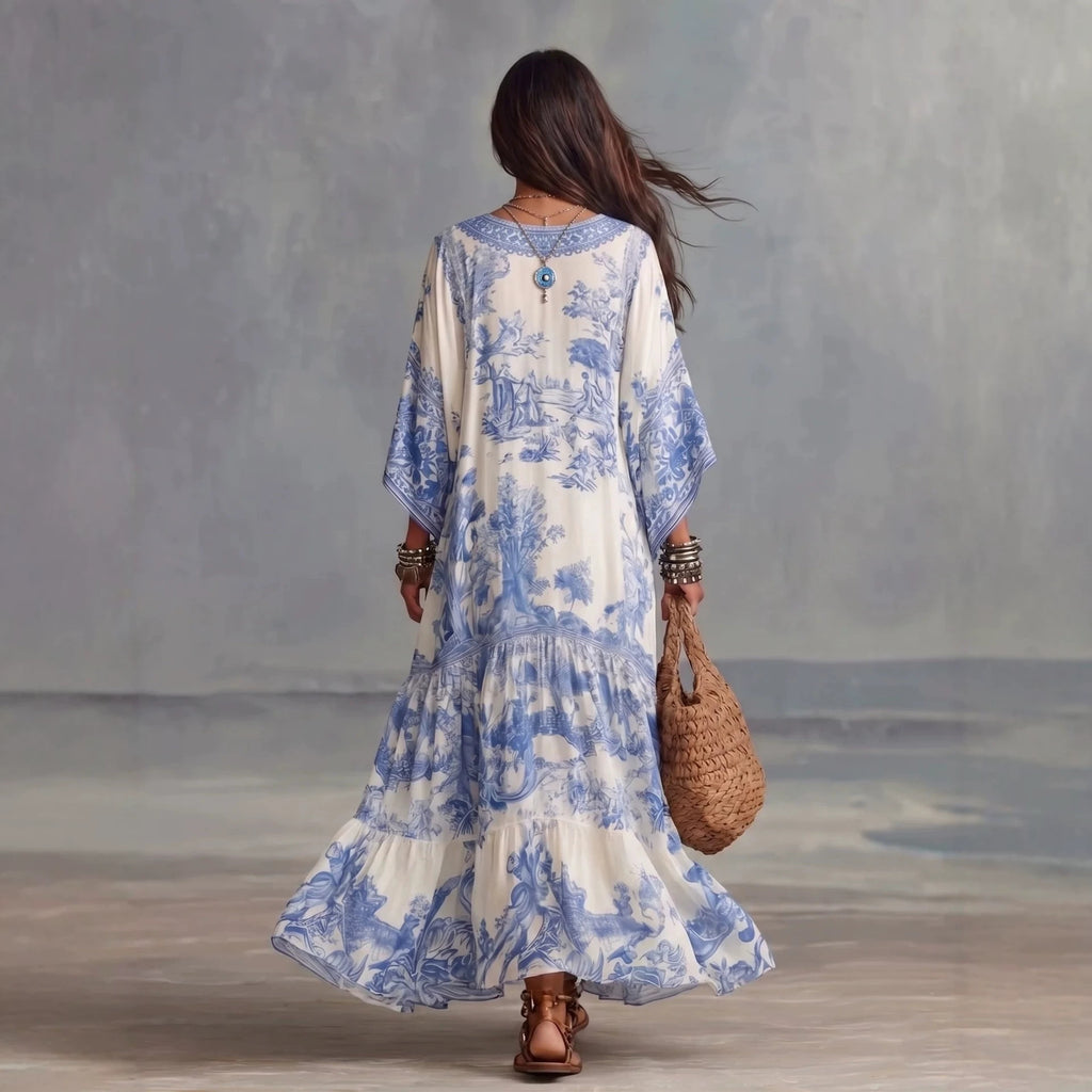 Printed V Neck Batwing Sleeve Bohemian Maxi Dress by Ricaloux
