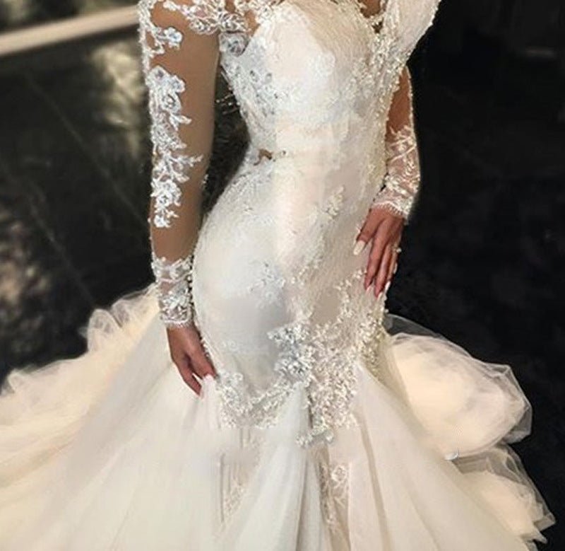 Trailing White Temperament Is Thin And Long Lace Wedding Dress - RICALOUX