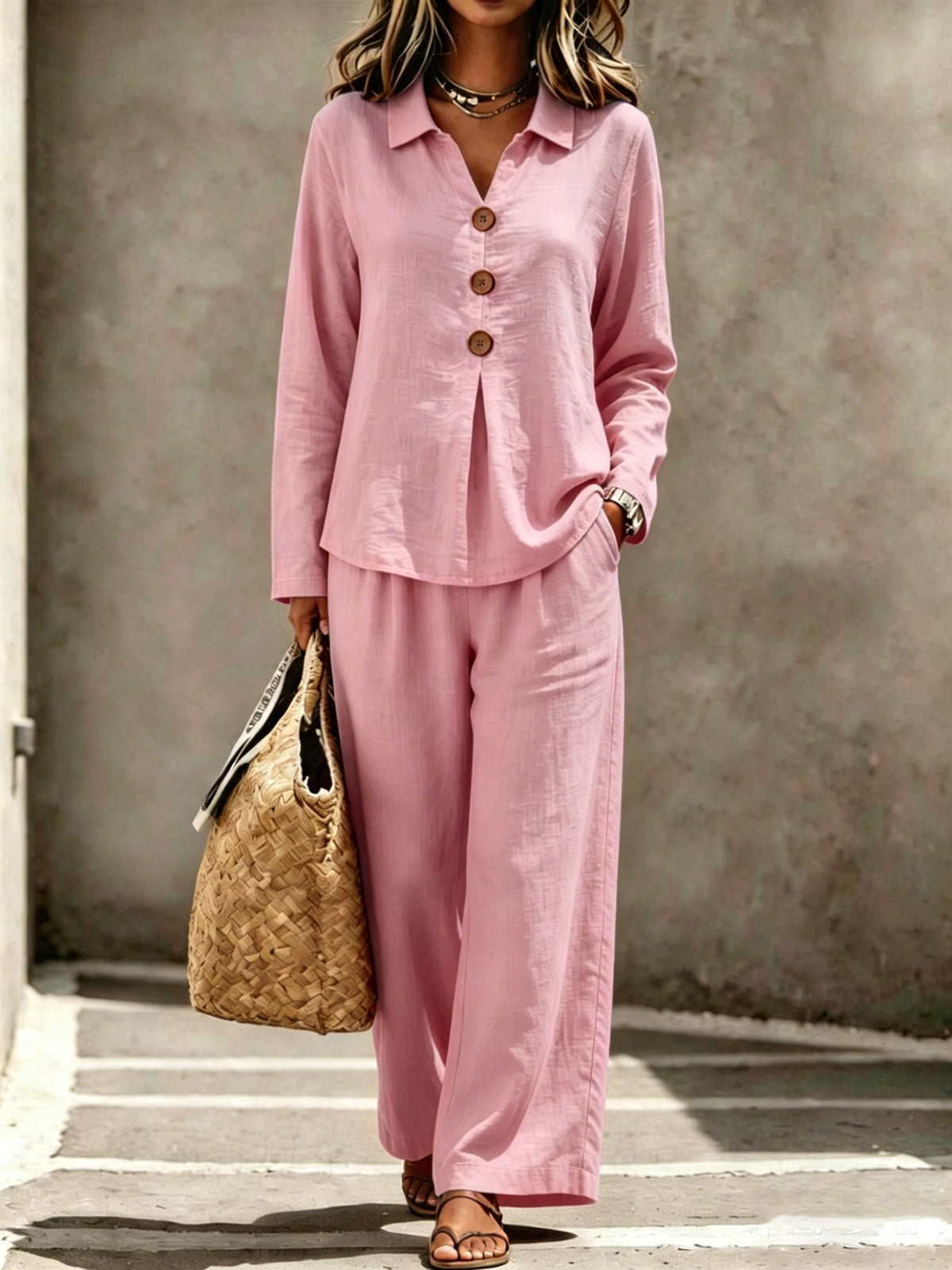Womens Buttoned Polo-collar Long-sleeve Pantsuit by Ricaloux