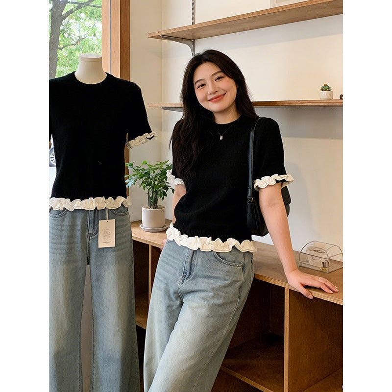 Elegant Wood Ear Trimmed Color-block Short-sleeve T-shirt by Ricaloux