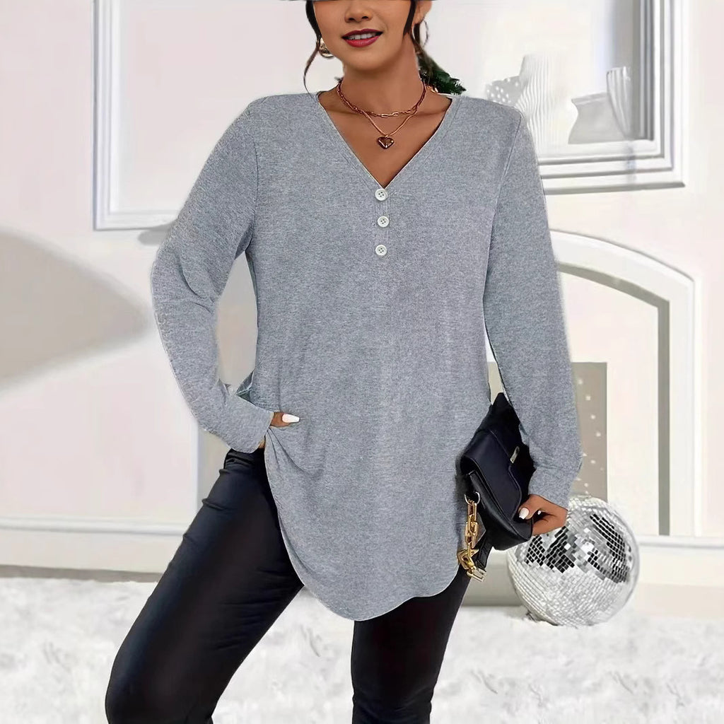 Womens Plus-Size Solid-Color Long-Sleeve Top With Buttons – Premium 0 | RICALOUX