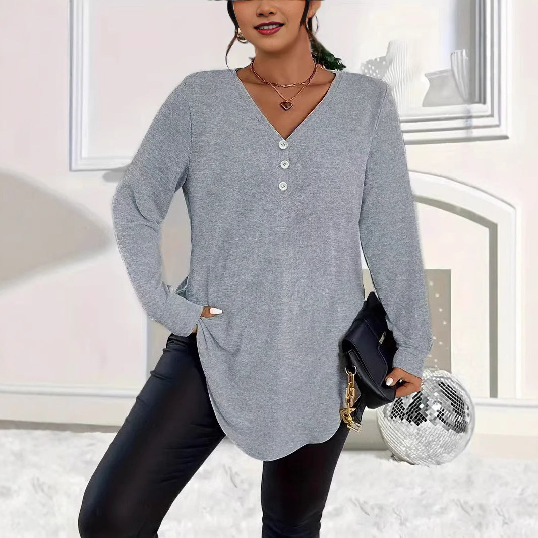 Womens Plus-Size Solid-Color Long-Sleeve Top With Buttons – Premium 0 | RICALOUX