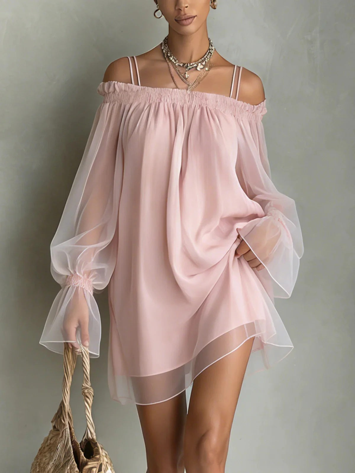Sexy Sweet Double Strap Vestidos Off Shoulder Dress For Women Vestido Fairy Mini Loose Dresses Summer New Sheer Mesh Long Sleeve by Ricaloux