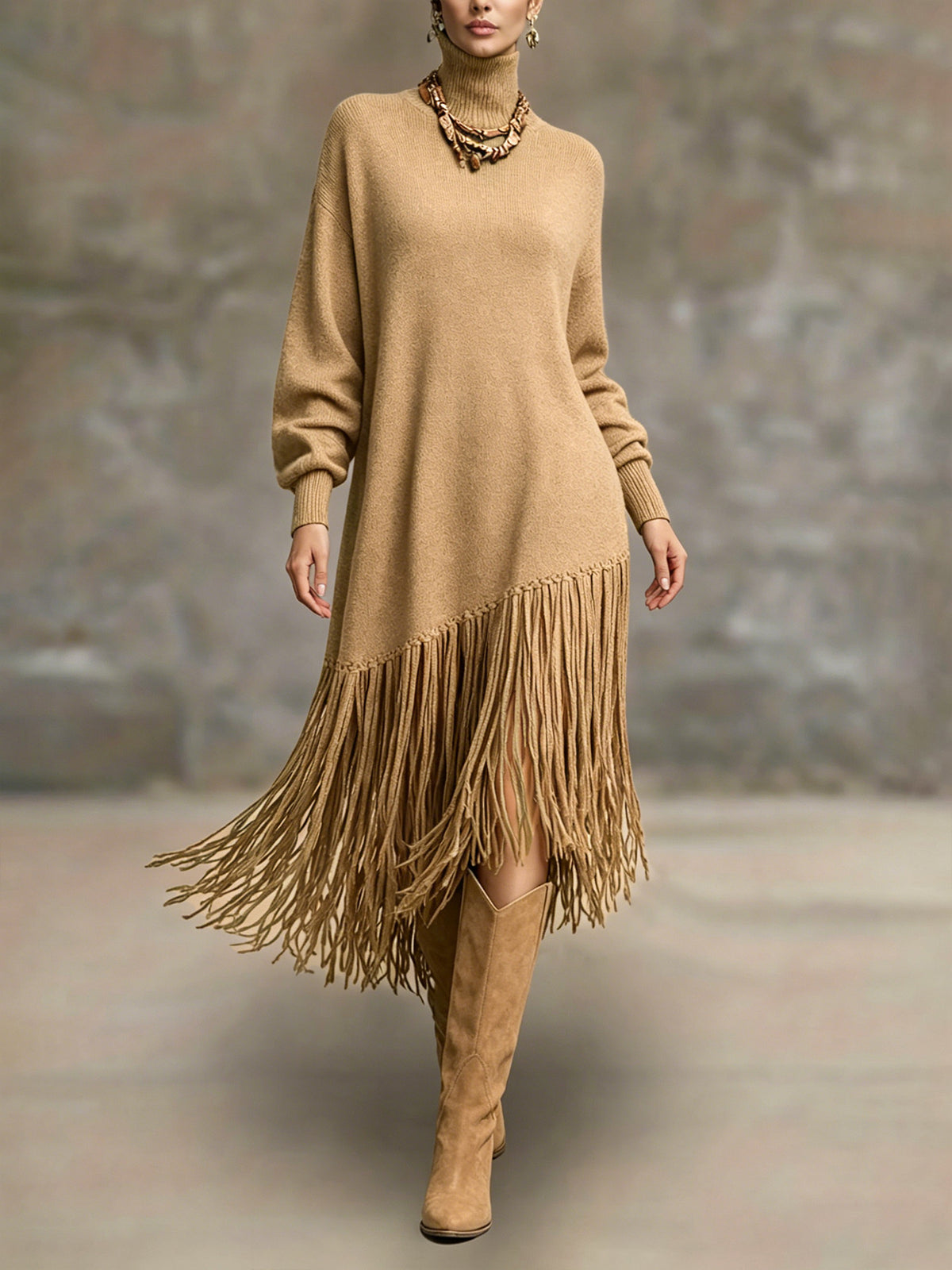 Womens Long Tassel Solid-Color Versatile Dress – Premium 0 | RICALOUX