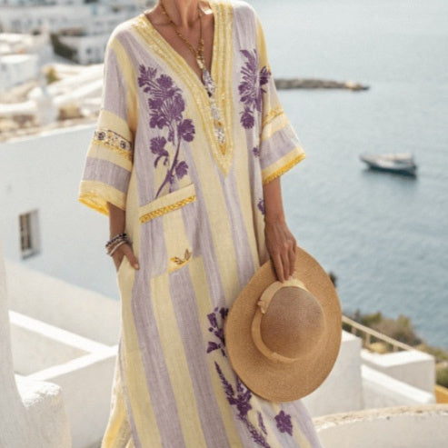 Female Digital Printed V-neck Five Quarter Sleeve Dress by Ricaloux