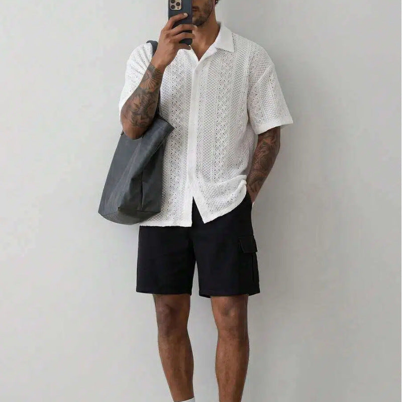 Old Money Style Cuban Collar Hollow Out Knitted Short Sleeve Shirt by Ricaloux