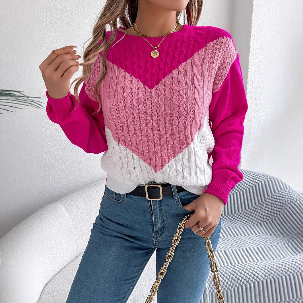 Color Matching Twist Lantern Sleeve Pullover Sweaters Women's Clothing - RICALOUX