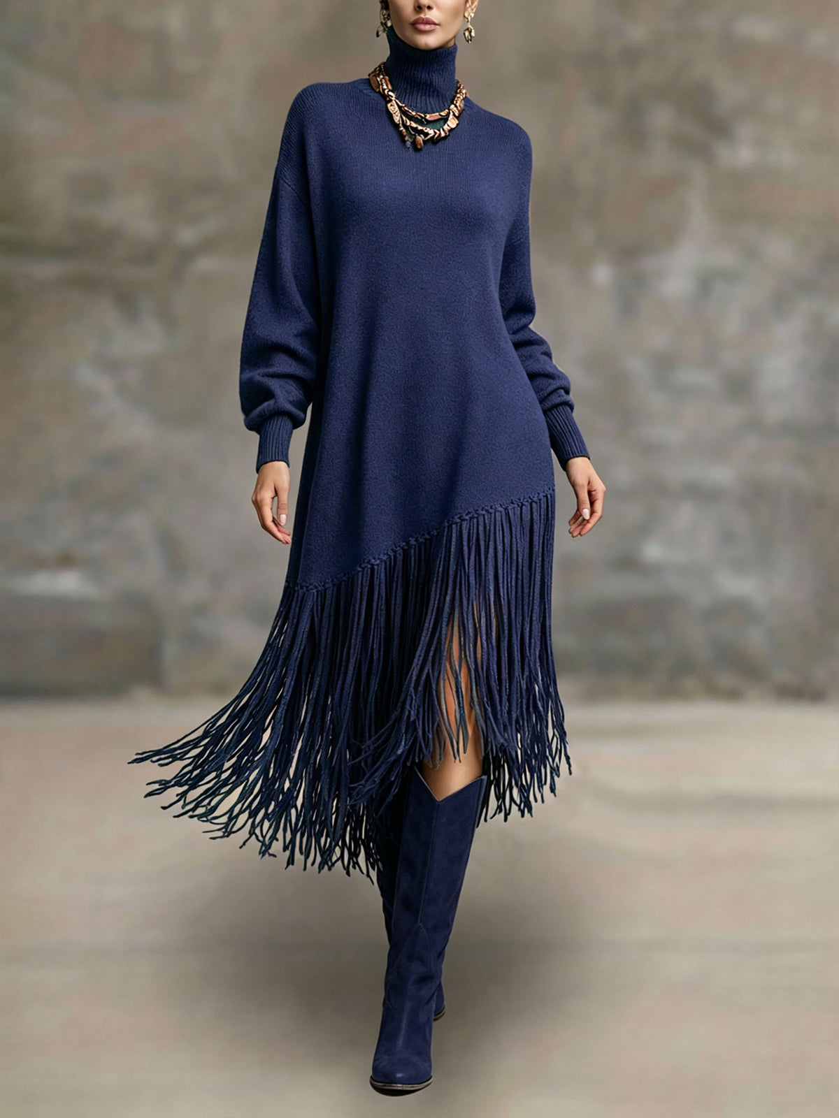 Womens Long Tassel Solid-Color Versatile Dress – Premium 0 | RICALOUX