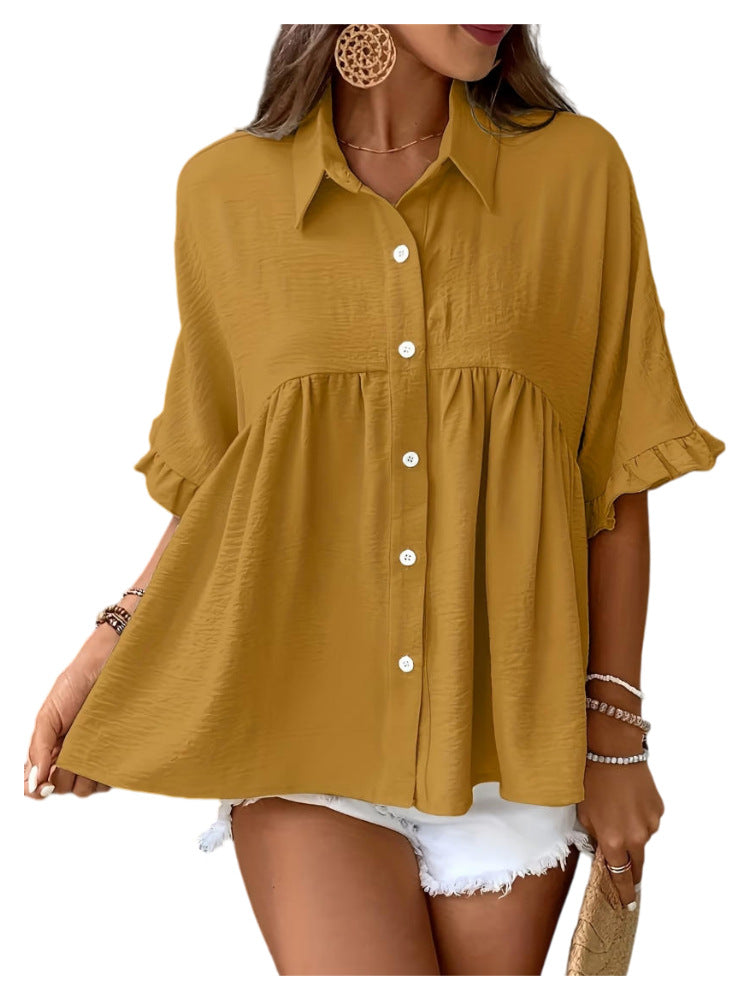 Polo-neck Flared-sleeve Solid-color Button-front Resort-style Top – Premium 0 | RICALOUX