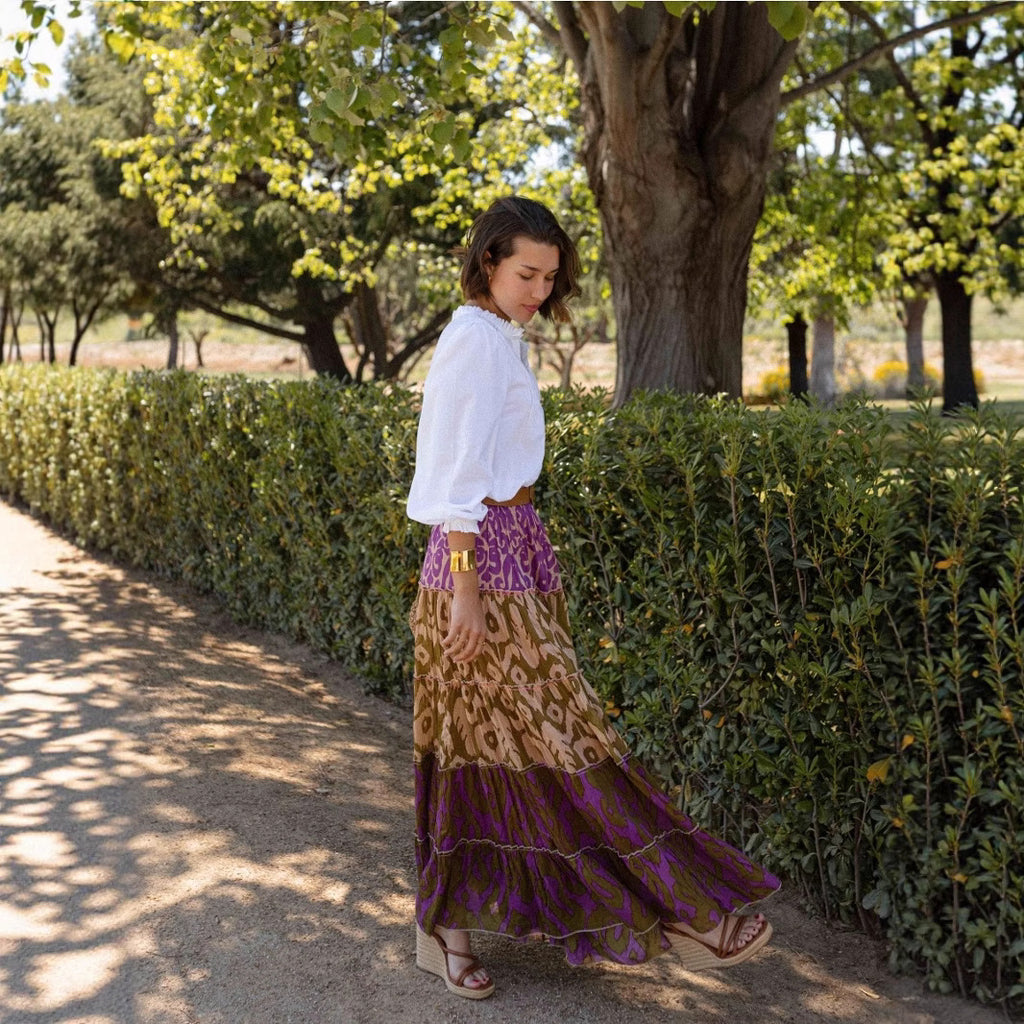 Printed Ruffled Flared Maxi Skirt by Ricaloux
