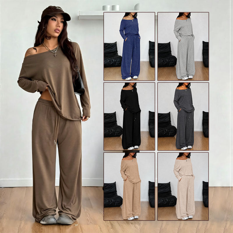 Womens Casual Loose-Fit Off-Shoulder Wide-Leg Pants Set by Ricaloux