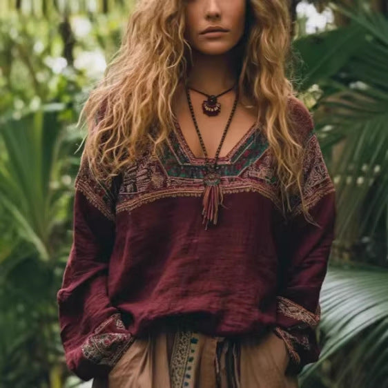 Ethnic-style Casual V-neck Long-sleeve Blouse by Ricaloux