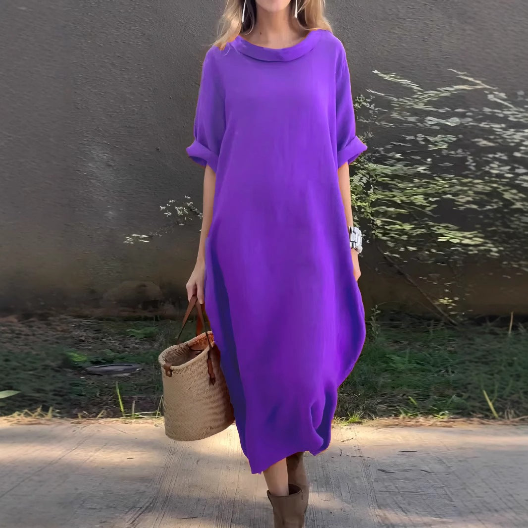 Casual Loose-fitting Round-neck Mid-sleeve Maxi Dress With A Flared Hem – Premium 0 | RICALOUX