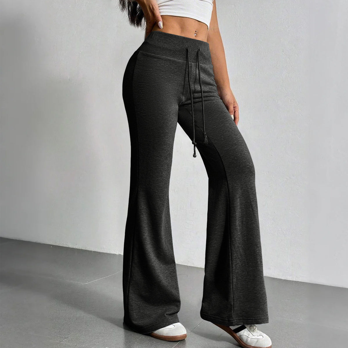 Fashionable Drawstring High-waist Casual Flared Trousers by Ricaloux
