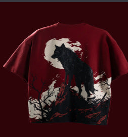 American-style High-street Wine-red Drop-shoulder T-shirt by Ricaloux