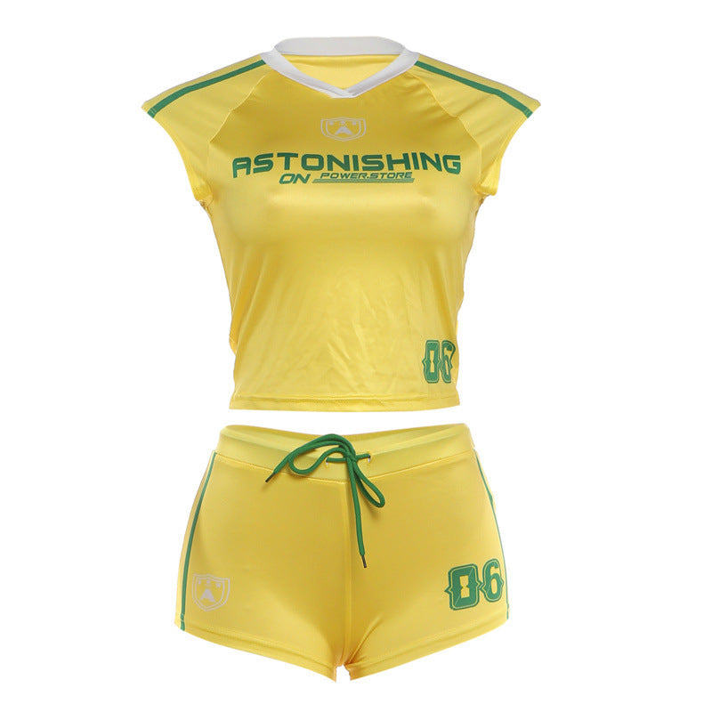 Womens Fashion Letter-Print Sleeveless T-Shirt And Sports Shorts Set by Ricaloux