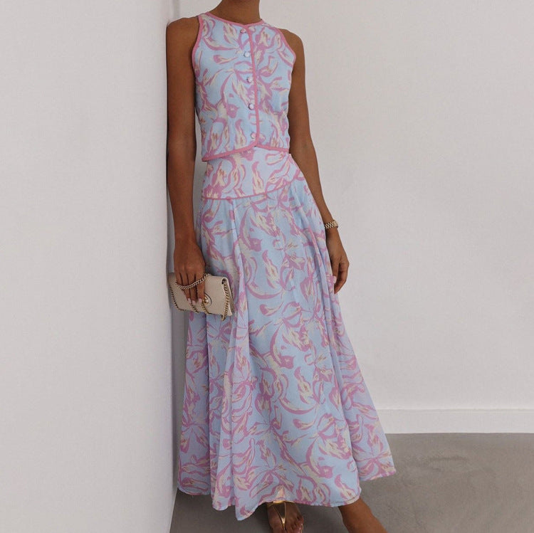Abstract Print Sleeveless Crop Vest & Flared Midi Skirt 2-Piece Set – Premium 4 | RICALOUX