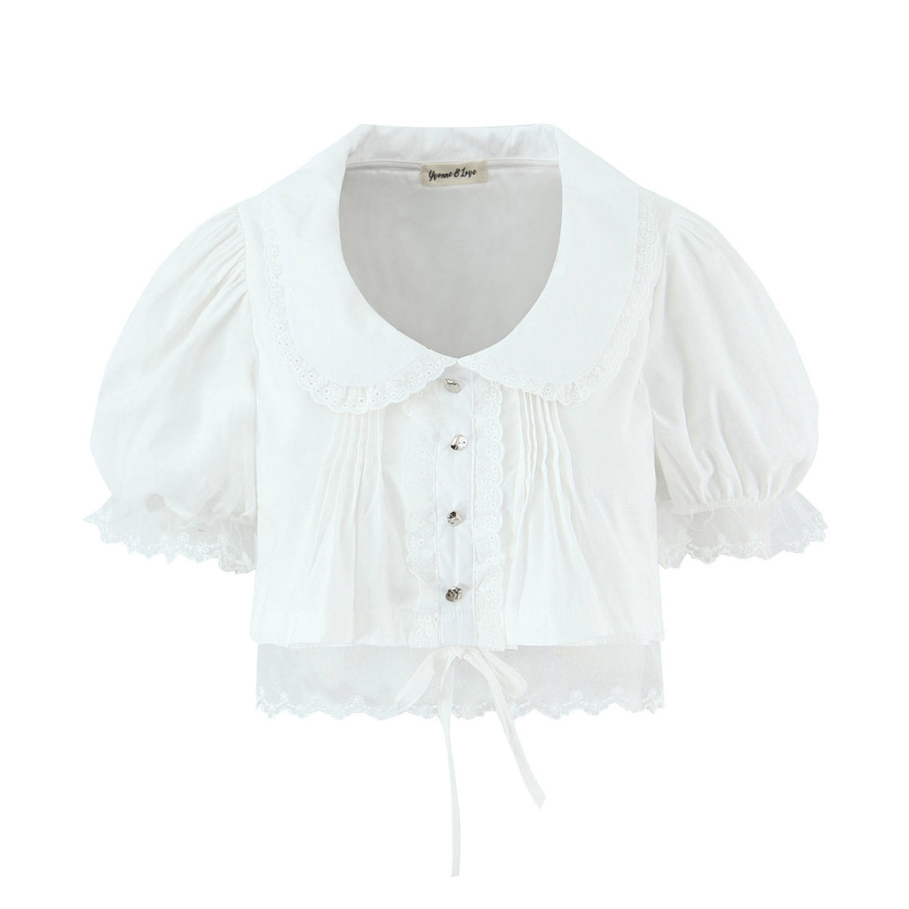 Cotton Mesh Lace Panelled Puff-sleeve Spicy-girl Style Cropped Top by Ricaloux