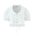 Cotton Mesh Lace Panelled Puff-sleeve Spicy-girl Style Cropped Top by Ricaloux