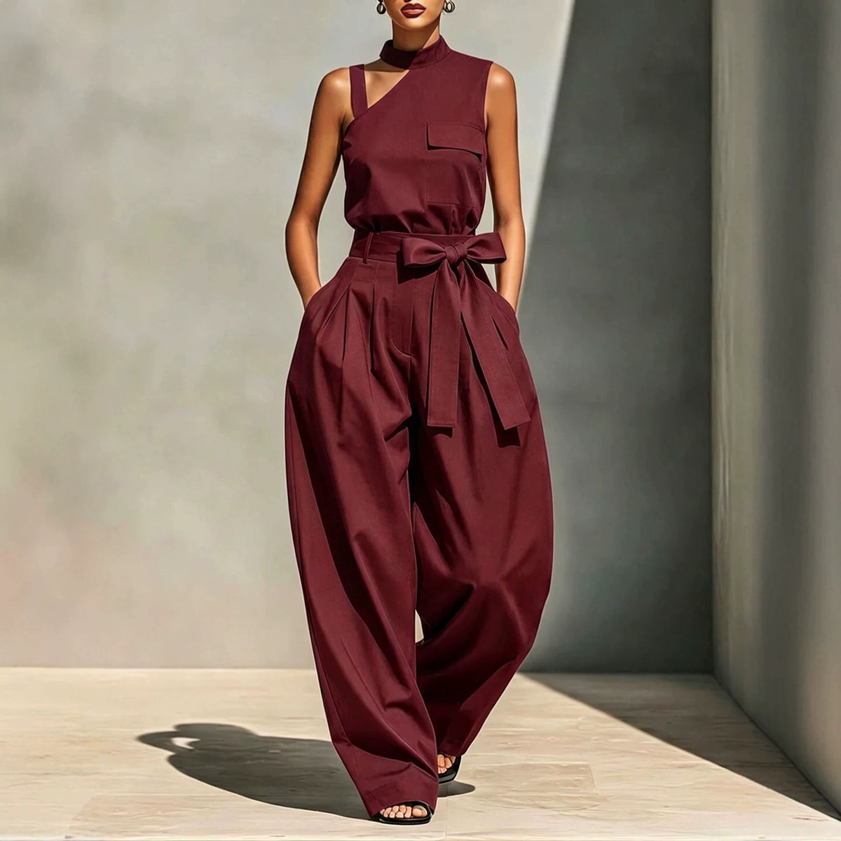 Off-shoulder Stand-collar Sleeveless Jumpsuit by Ricaloux