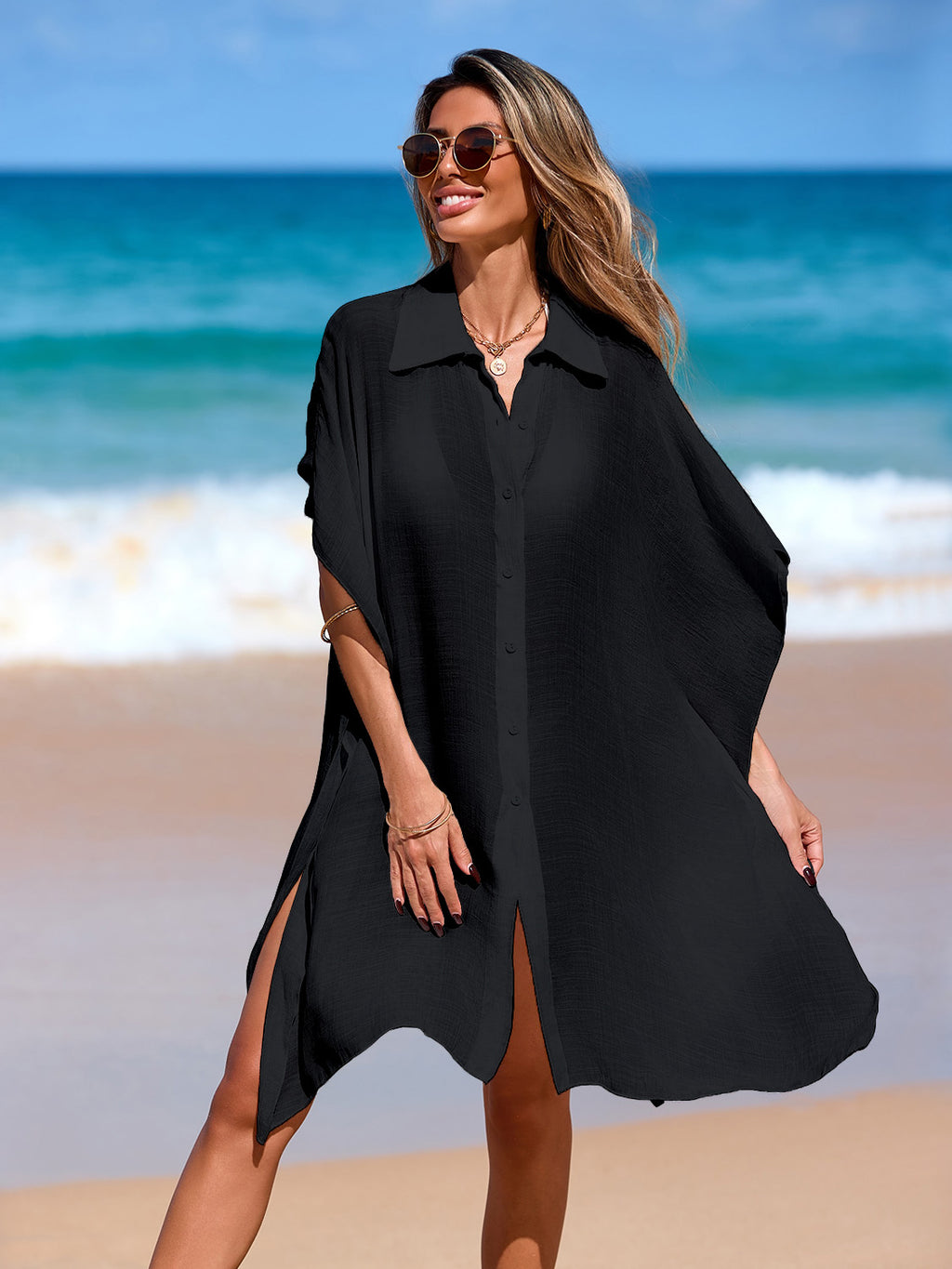 2026 Beach Cover Up, Polo Collar Shirt Dress, Sheer Loose Short Sleeve Bikini Cover Up – Premium 4 | RICALOUX