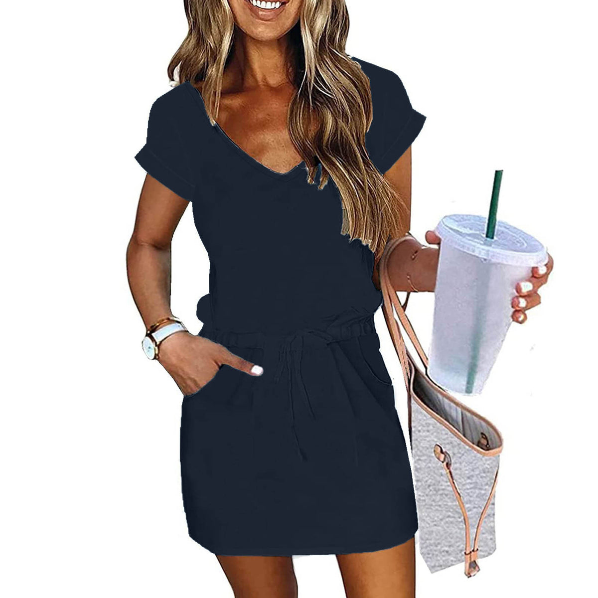 V-neck Short-sleeved Pullover Dress With Drawstring Elastic Waist And Pockets by Ricaloux