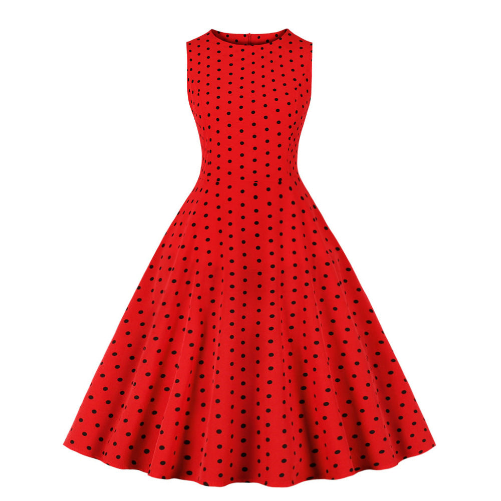Retro Summer Round-neck Sleeveless A-line Dress With A Small Polka-dot Print And A Slim Fit by Ricaloux