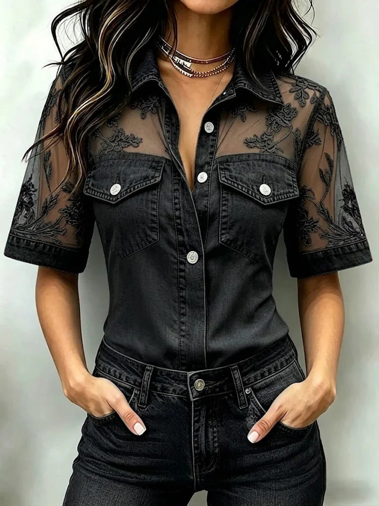 Womens Casual Loose-fit Faux-jean Patchwork Top by Ricaloux