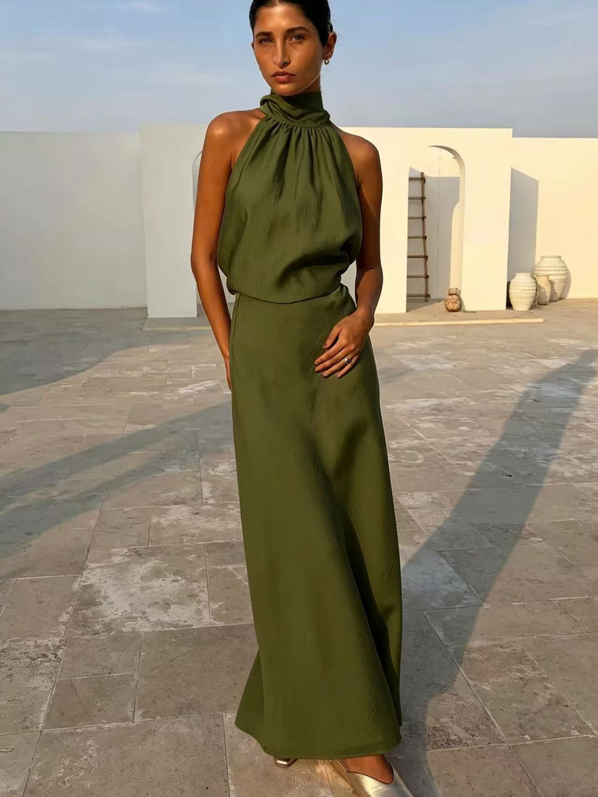 SpringSummer Halterneck Sleeveless Top With Flowing Straps And High-Waisted Fishtail Midi Skirt Set – Premium 0 | RICALOUX