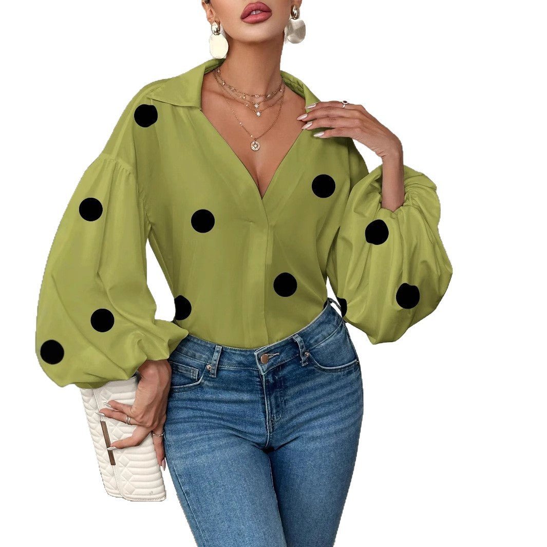 Niche Fashionable French Polka Dot Half-open Collar Design Loose Bubble Long Sleeve Top - RICALOUX