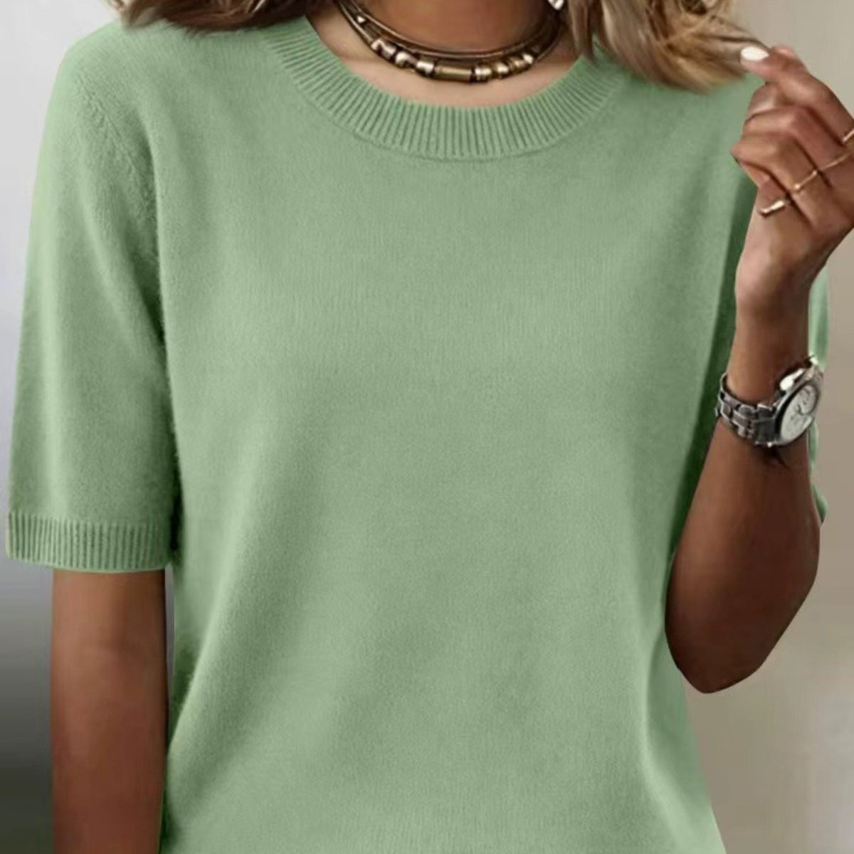 Womens Three-quarter-sleeve Ice-silk Ribbed T-shirt by Ricaloux