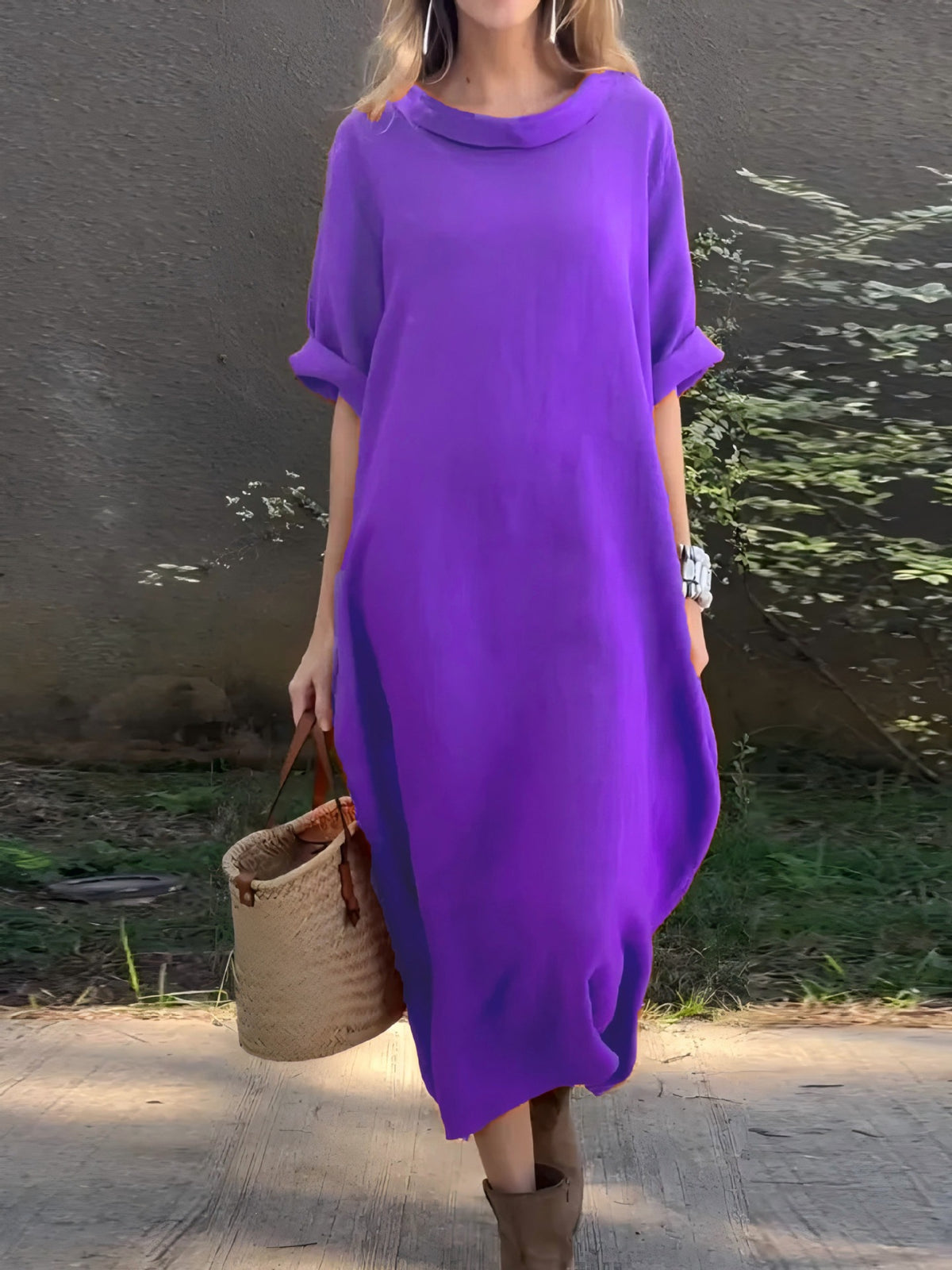 Casual Loose-fitting Round-neck Mid-sleeve Maxi Dress With A Flared Hem – Premium 0 | RICALOUX
