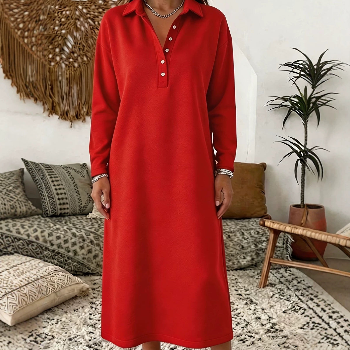 Knitted Sweater Dress With A Shirt Collar And Long Sleeves Simple And Elegant – Premium 0 | RICALOUX